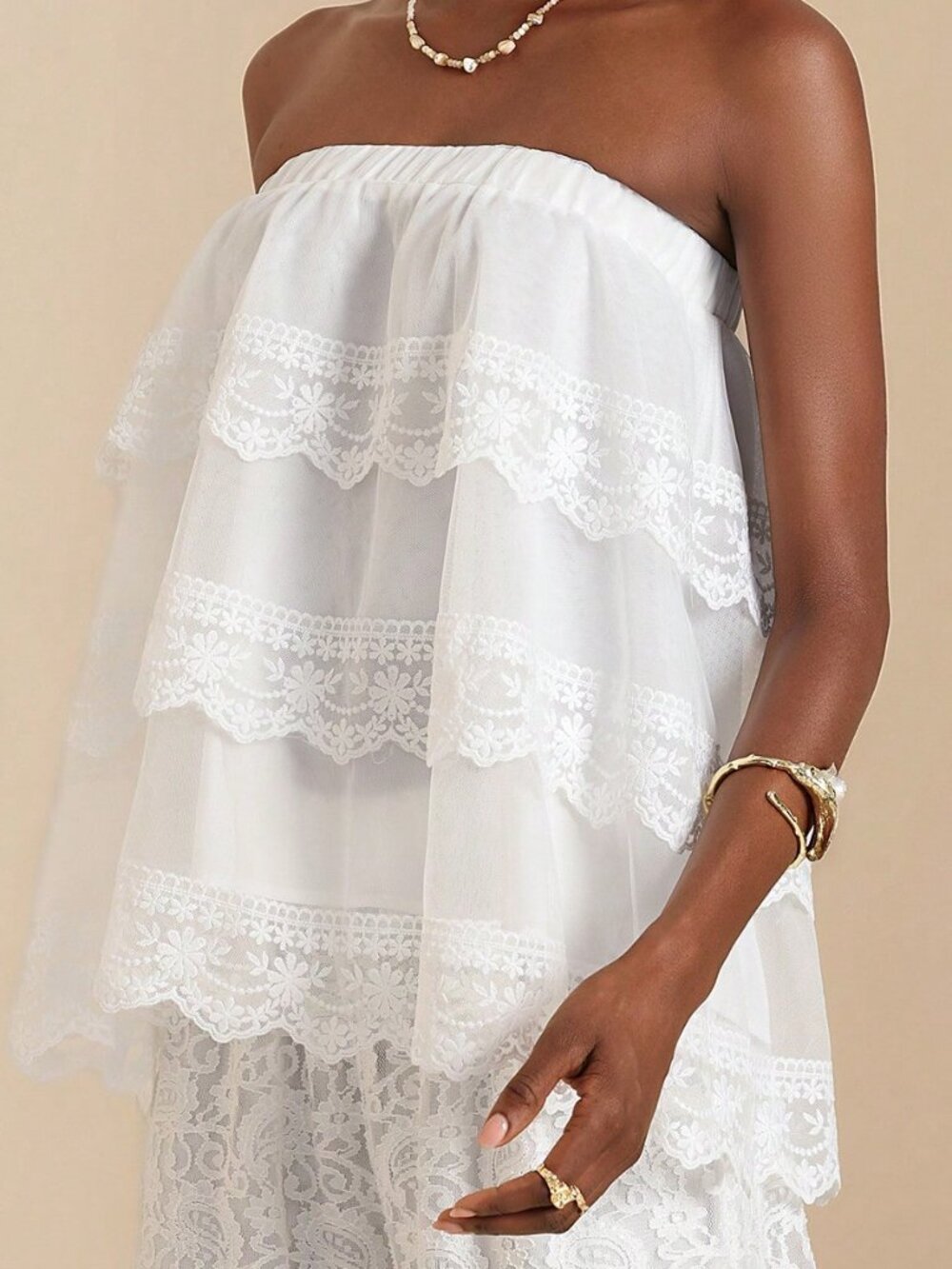 White Boho Women's Lace Trim Bandeau Top - Picture 3 of 5